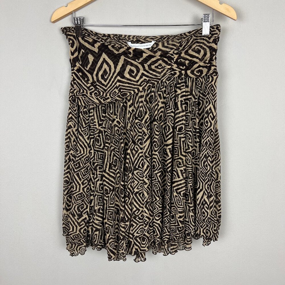 Diane Von Furstenberg Skirt 8 Brown Silk Sheer Y2K Stretch Ruched V-Waist A-Line
